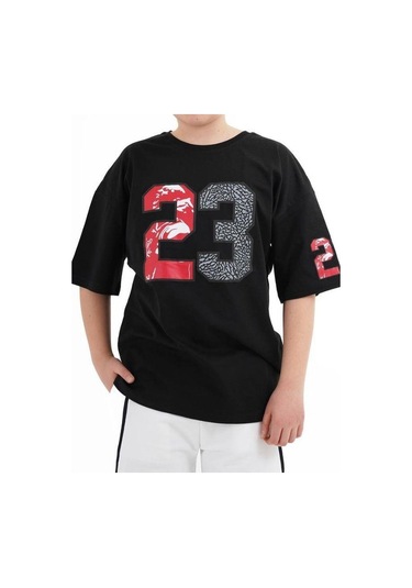Çocuk 23 Yazılı Oversize Pamuklu T-shirt-16013 SIYAH