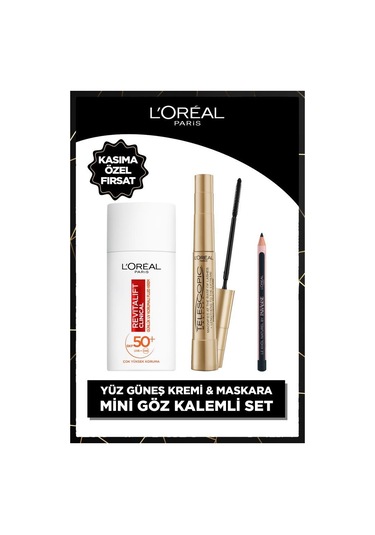 L'Oréal Paris Revitalift Clinical Günlük Yüz Güneş Kremi SPF50+ 50 ML + Telescopic Gold Mascara + Paradise Mini Liner