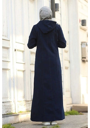 6463-Kapşonlu Denim Ferace Lacivert