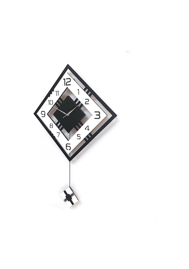 Dörtgen Geometrik Tasarım 50 Cm Modern Ahşap Sarkaçlı Duvar Saati Siyah Beyaz
