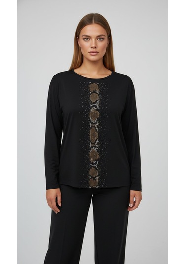 Taş Desenli Uzun Kollu Bambu Viskon Kumaş Bluz Siyah 2