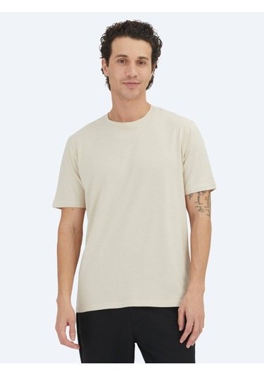 Bej Düz Bisiklet Yaka %100 Pamuk T-shirt Bej