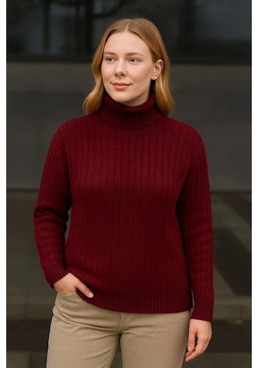 Kadın Balıkcı Yaka Bağazlı Triko Kazak Pamuklu Kalın Fitilli Dokuma - Bordo Bordo