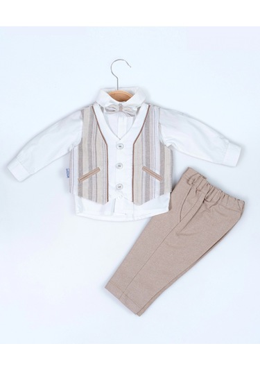Yazlık Çizgili Yelekli Bebe Erkek 3'lü Takım Bej