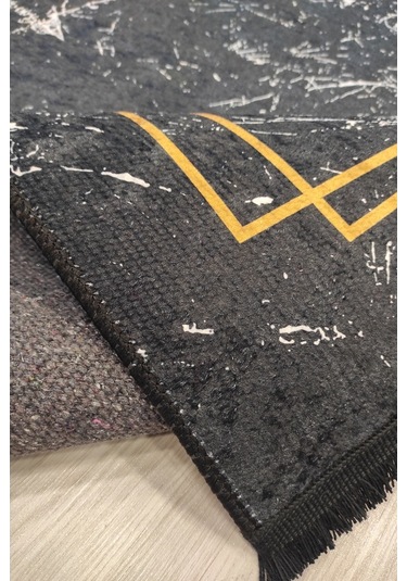 Siyah Gold Salon Halısı Mermer Desenli Siyah Mutfak Halısı