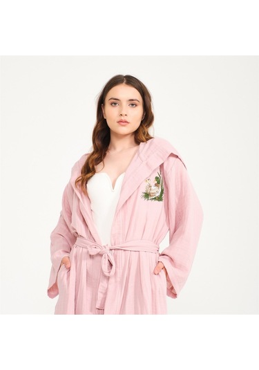 Ördek Nakışlı Kısa Kapüşonlu Müslin Kadın Bornoz-Pembe