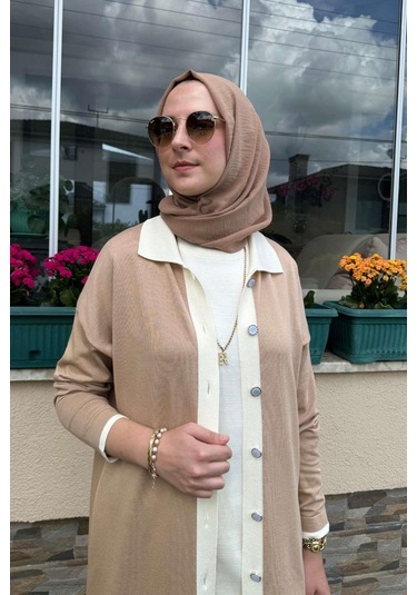 İmge Çizgili Triko Hırka Bej Çok Renkli