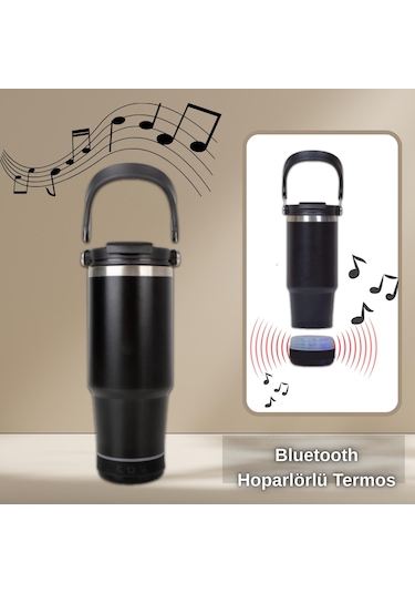 Bluetooth Hoparlörlü Paslanmaz Çelik Termos Bardak 600 Ml -pipetli ,çift Kullanımlı Kapak Siyah