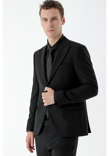 Morven Erkek Basic Düz Slim Fit Takım Elbise Gömlek + Kravat -  Siyah