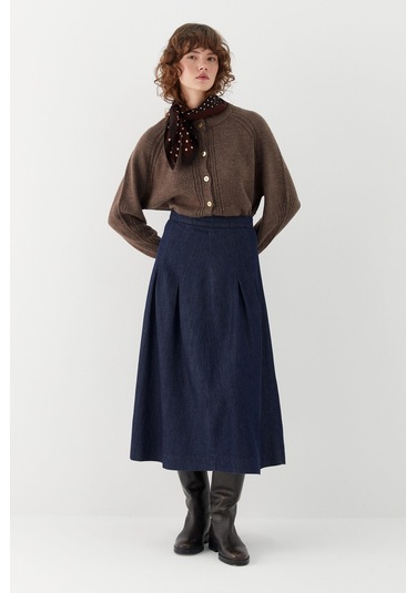 Yüksek Bel Pileli Midi Etek Lacivert Lacivert