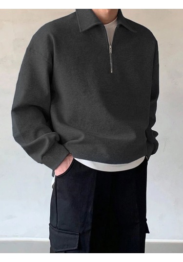 Genius Store Erkek Polo Yaka Oversize Yarım Fermuar Sweatshirt Füme