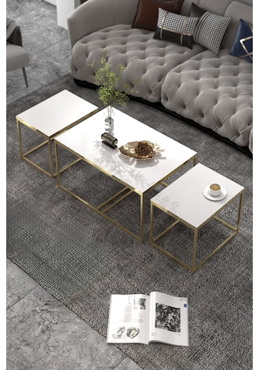 Orta Sehpa Ve Zigon Yan Sehpa Flora Set Gold Beyaz Beyaz