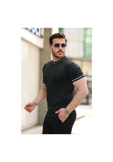 Etiler Collection Erkek Bisiklet Yaka Ribanalı Kısa Kollu Tshirt Siyah