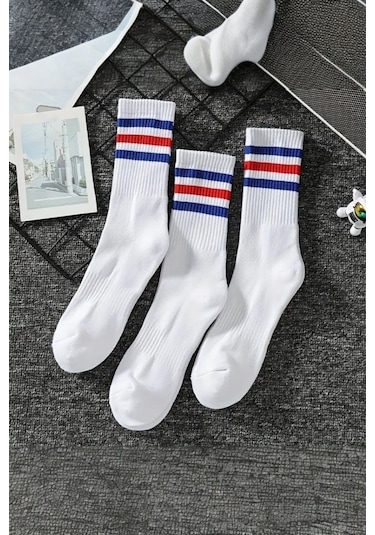 Unisex 3 Çift Premium Kalite Yüksek Pamuklu Kolej Çorap Mavi Kırmızı Çizgili Beyaz