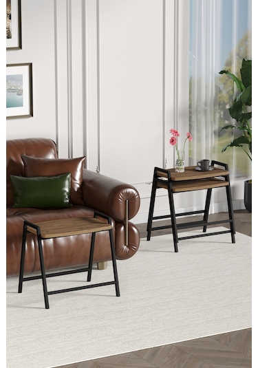 Zigon Sehpa , Aden 3'lü Tepsi Zigon Sehpa Takımı Siyah Metal - Atlantik Çam Tabla Siyah-atlantik Çam