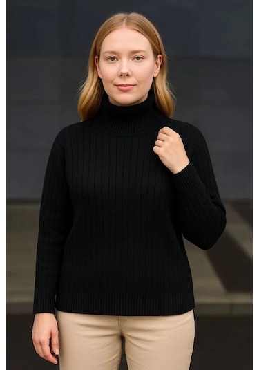 Kadın Balıkcı Yaka Bağazlı Triko Kazak Pamuklu Kalın Fitilli Dokuma - Siyah Siyah
