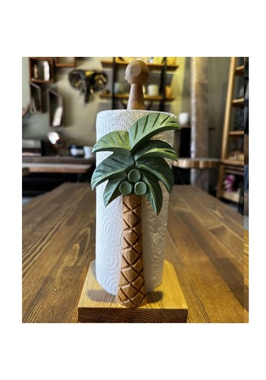 Reyo Ahşap Oyma Peçetelik Kağıt Rulo Havluluk Palmiye Desenli