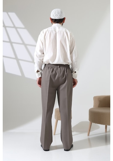 Erkek Beli Lastikli Cepli Hac Umre Kumaş Şalvar Pantolon - Toprak Isr Vizon