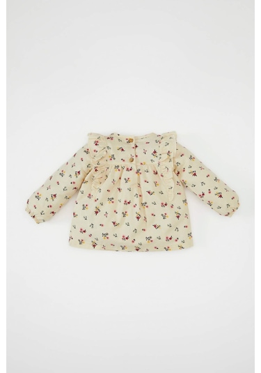 Defacto Kız Bebek Bisiklet Yaka Twill Çiçek Desenli Uzun Kollu Gömlek D2993A524AUBG744 Bej