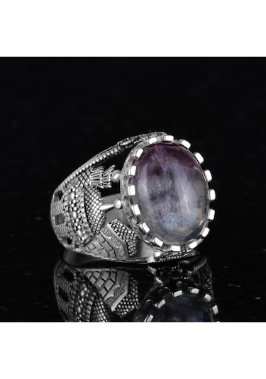 Gerçek Doğal Florit Taş Yüzük, Dini Gümüş Yüzük, 925 Ayar Gümüş Yüzük Erkekler İçin Gümüş