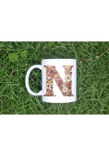 N Harfi Çiçek Desenli Kupa Bardak - Alfabe Harfleri İle Doğal Çiçekli Kupa - Hediye Fikir Beyaz