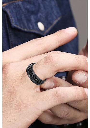 Ortası Dönebilen Zincirli Erkek Kadın Anti-stres Çelik Alyans Yüzük Cl43 Siyah