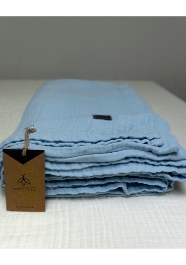 4 Katlı Müslin Yatak Örtüsü - Battaniye Pike %100 Organik Pamuk Dört Mevsim Yumuşak Gots Sertifikalı Açik Mavi