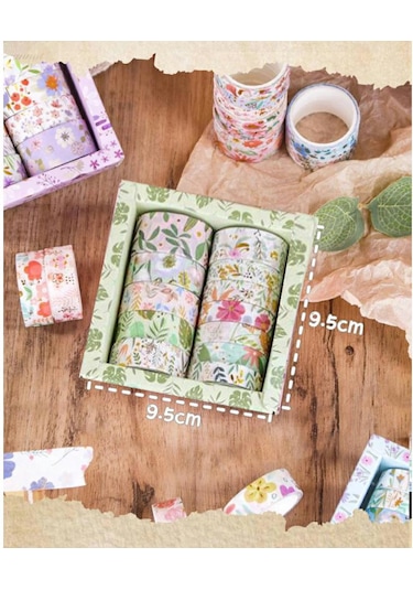 Kare Vintage Washi Tape Bant Yapışkanlı Maskeleme Kağıdı Desenli Bant 12'li - Yeşil Çiçekler 1