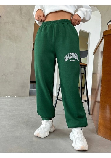California West Coast Eşofman Altı Jogger - Yeşil Baskılı Lastik Paça Yüksel Bel Yeşil