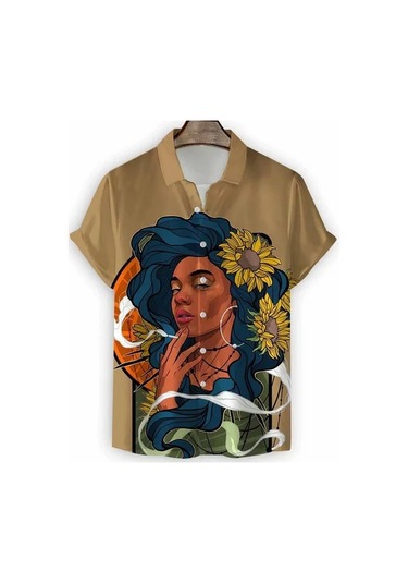Snapbuy2024 Modern Kızlar Baskılı Erkek Gömleği - Rahat Kısa Kollu Büyük Boy Streetwearbej Bej