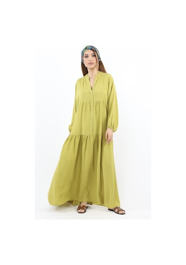 Prive Kadın Base %100 Viskon Yağ Yeşili Maksi Boy Yazlık Elbise Yağ Yeşili