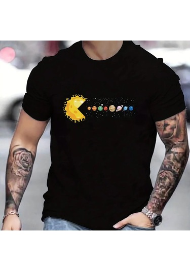 Guılan Erkek Gezegen Baskılı Pamuk Tişört - Yazlık Rahat Gündelik Üstblack Black