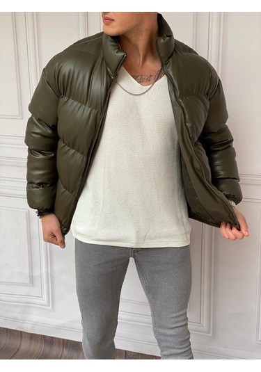 Modefendi Şişme Oversize Yüksek Kalite Deri Mont Haki