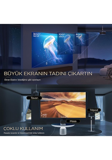 Vankyo Aurzen Boom 3 WiFi + Bluetooth 300 Inç 4K Smart TV Projeksiyon Cihazı Siyah