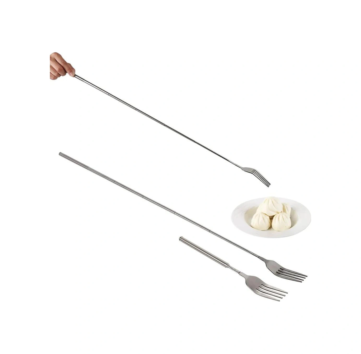 Youmex Uzunluk Ayarlanabilir 22-64 Cm Paslanmaz Çelik Çatal - Barbekü, Yemek, Tatlı İçin Dayanıklı Ve Taşınabilir Gümüş