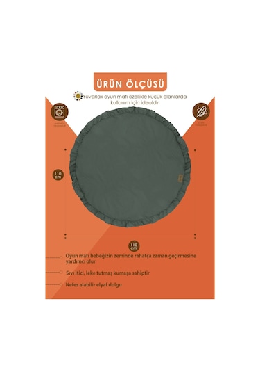 Mordesign Bebek/çocuk Oyun Halısı, Yenidoğan Emekleme Pedi, Aktivite Matı, Çok Amaçlı Minder, Kampçı Serisi 110 X 110 Haki