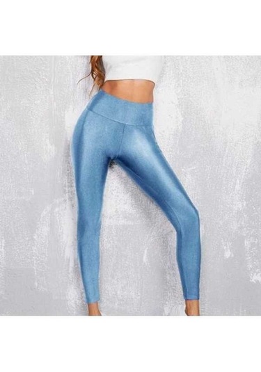 Tongxida Yüksek Esneklik Kadın Tayt, Düz Renk Parlak Yüksek Bel Yoga Pantolonu, Gökyüzü Mavisi, İlkbahar Sonbahar Aktif Giyim Mavi