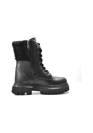 Onlo Ayakkabı Lk.222 Siyah Cilt Fermuarlı Kız Çocuk Postal Bot Siyah