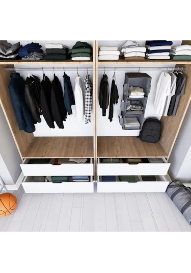 Nisan Açık Ceviz-beyaz 4 Kapılı 4 Çekmeceli Elbise Dolabı - Gardırop Seti Açık Ceviz & Beyaz