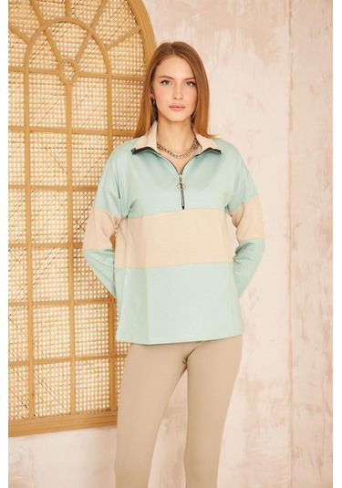 Kadın Uzun Kol Fermuarlı Polo Yaka Color Block Basic Salaş Sweatshirt Bluz 3471210 Mint