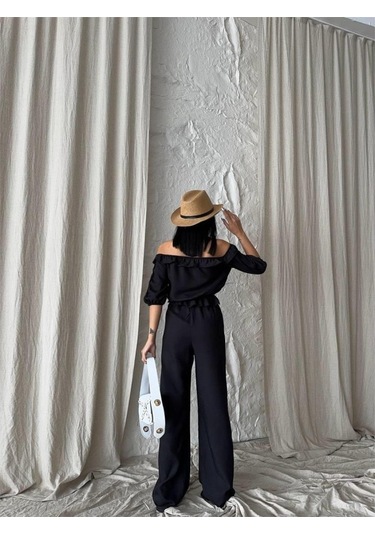 Gülsüm Aydın Keten Madonna Yaka Kol Hasır Şerit - Pantolon Takım - Siyah Siyah