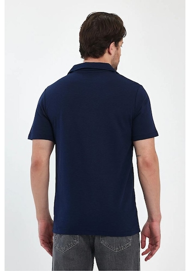 Erkek Rahat Kalıp Ottoman Kumaş Nefes Alabilen Pamuklu Apaş Yaka Gömlek Lacivert