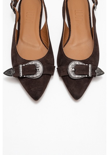 Dorothy Kahverengi Süet Hakiki Deri Tokalı Sivri Burunlu Kadın Sandalet Kahverengi