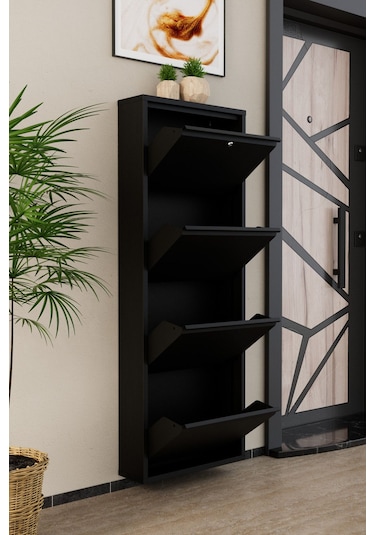 Kilitli 4 Kapaklı Metal Ayakkabılık Siyah Siyah