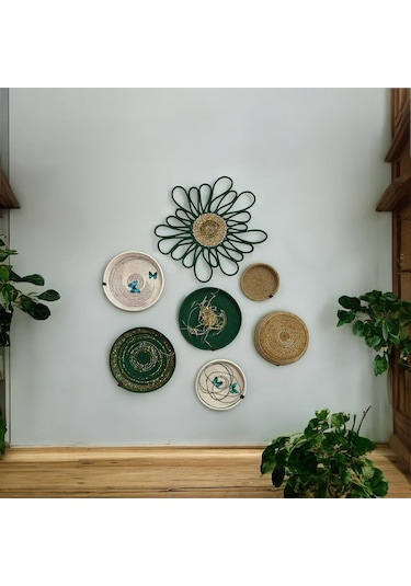 7'li Dekoratif Hasır Duvar Tabağı, Bohem Duvar Tabağı, Afrikan Duvar Tabağı, Duvar Dekoru Diğer