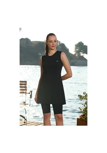 Büyük Beden Sıfır Kollu Taytlı Yarı Kapalı Mayo 22701 Siyah Siyah