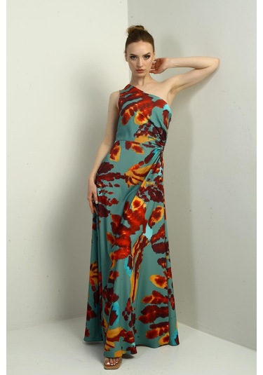 Kadın Tek Omuz Yandan Pencereli Desenli Uzun Krep Saten Elbise-40751 Mint