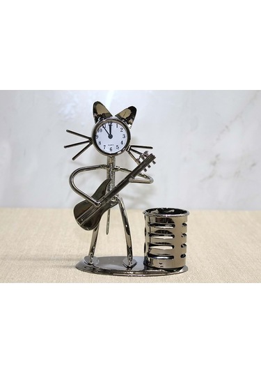 Metal Gitar Çalan Kedi Müzisyen Saat Ve Kalemlik