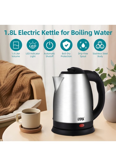 Padalink Stahl Elektrik Su Kaynatıcı 1.8l 1500w Hızlı Kaynatma - Isı Kontrolü, Kuru Kaynama Koruma, Ev Kullanıma Uygun, Gümüş Siyah, 220v Avrupa Şarjı Çok Renkli