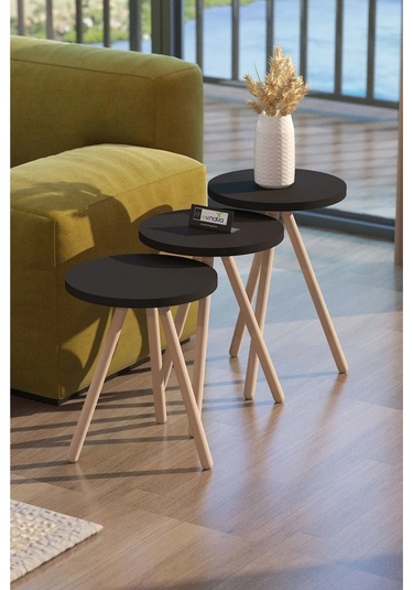 3'lü Zigon Sehpa Seti Saksılık Ve Çiçeklik Standı, Dekoratif Yan Sehpa Ahşap Ayaklı 33 Cm Çap - Siyah Siyah